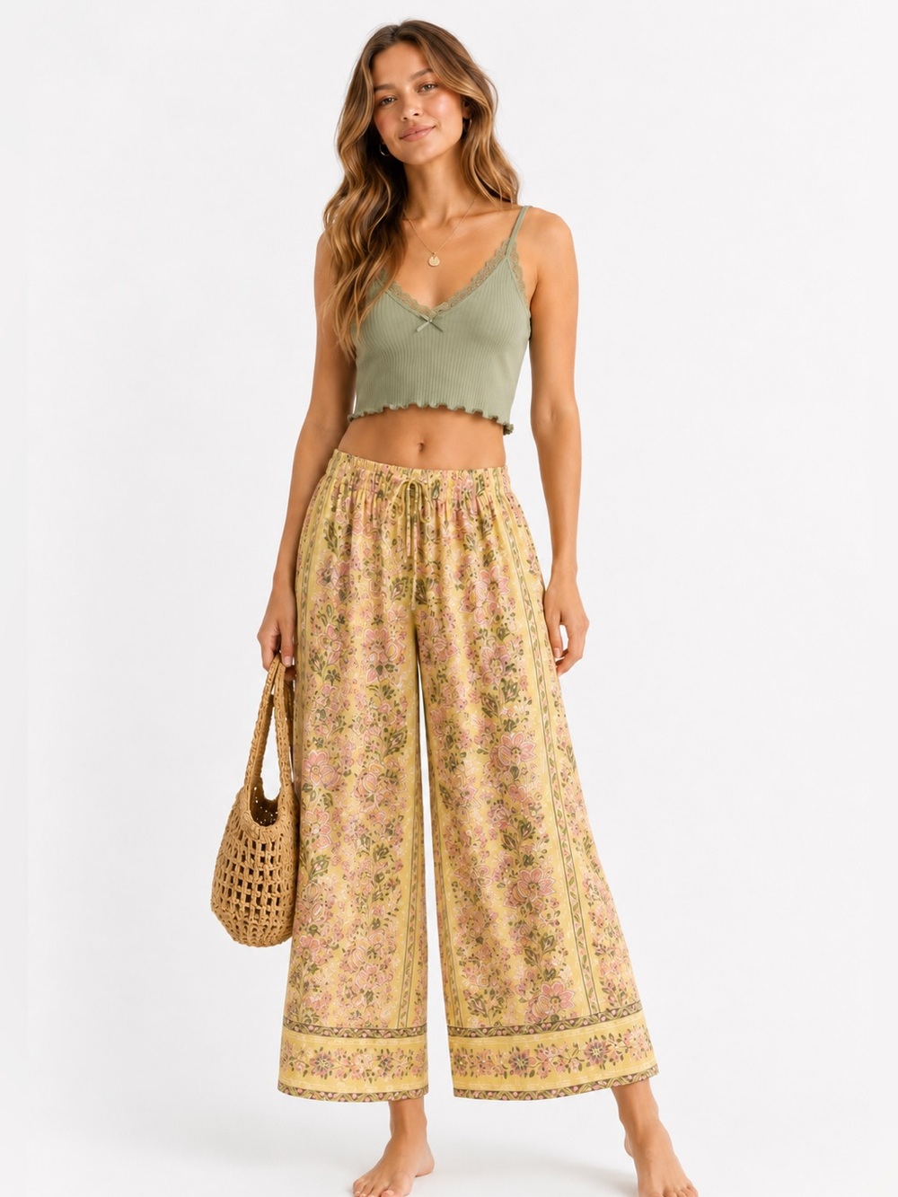 Wide Leg Floral Print Pants elastic waist